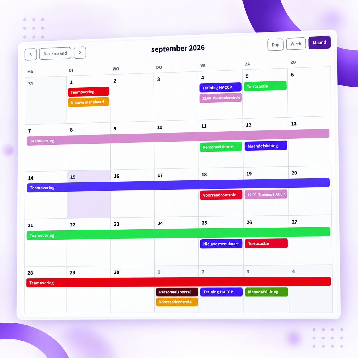 Maandkalender voor Events in Performance Pulse